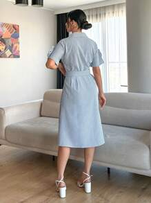 RueChic Embroidery  Detailed A Line  Shirt Dress - Blue and White - View 3