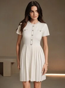 Anewsta Delicate Ruffled Waist Cinching Beige Knitted Party Dress For Ladies - Beige - View 4