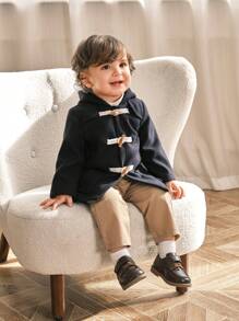 SHEIN 1 peça para bebês meninos com capuz de cor sólida com botão casual jaqueta macia roupa de manga comprida, adequada para brincadeiras ao ar livre de outono e inverno, férias, uso casual diário - Azul - Ver 1