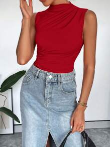 SHEIN Essnce Women's Summer Casual Stand Collar Pleated Sleeveless Bodysuit - Rose Red - View 4