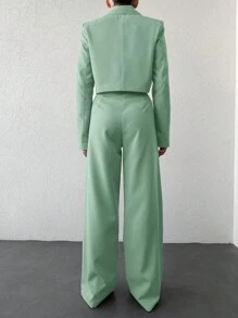 EURMUSE Solid Lapel Neck Blazer & Wide Leg Pants - Green - View 2