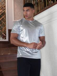 AKNOTIC Men Crew Neck Short Sleeve Plain Metallic Summer Tee, 2000s Style T-Shirt, Couple Things - Silver - View 6