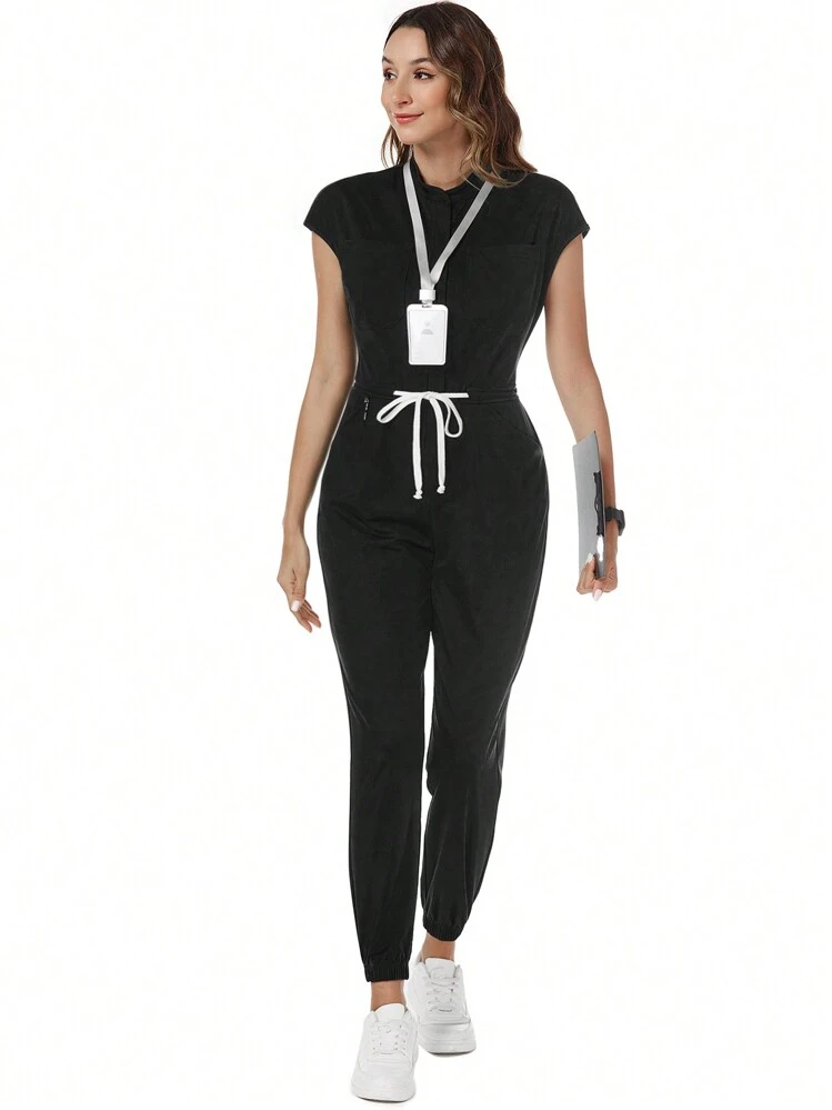 TaskEZ Macacão Uniforme de Enfermeira com Gola Padre, Bolso com Zíper e Manga Curta, em Cor Sólida - Preto - Visão 3