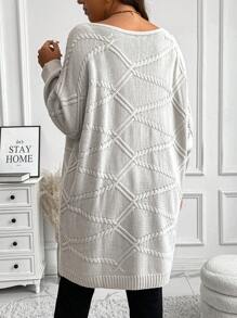 Calvaya 大码纯色休闲纹理蝙蝠袖针织套头衫，秋冬款 - 米色 - 查看 2