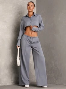 SHEIN BAE Women's Button Cuffed Long Sleeve Cropped Fashionable Elegant And Classy Blouse - Grey - View 6