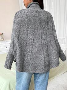 Flirla Plus Size Fashionable Loose Batwing Sleeve Cable Knit High Neck Sweater Knit Pullover Fall Winter - Grey - View 2