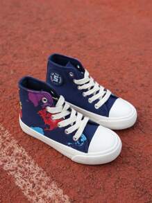 Fashionable High-Top Map Print Vulcanized Canvas Shoes For Kids, Versatile For All Seasons And Casual Styles