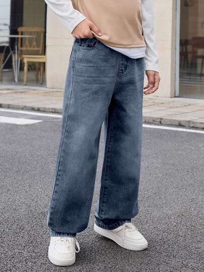 SHEIN Mirajuku Tween Boy 复古基本休闲学院风宽松直筒牛仔裤