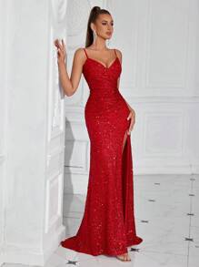 Elisanya Women Sequin Spaghetti Strap Ruched Waist High Split Party Dress, Formal Evening Prom Gown, For Wedding Guest, Graduation, Dinner Elegant Sequin - Red - View 3