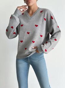 EURMUSE Heart Pattern Drop Shoulder Sweater - Grey - View 5