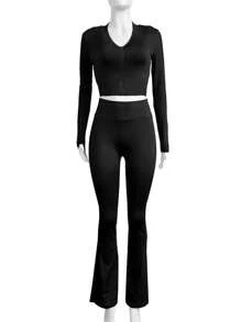 INAWLY Solva Bộ 2 món áo dài tay đơn sắc thường ngày và quần dài cho nữ - màu đen - Xem 4