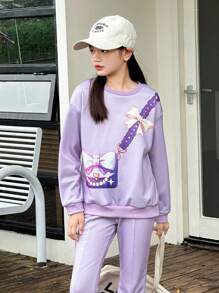 SHEIN 2pcs/Set Girls' Purple Floral Print Hoodie Sweatshirt And Pants Set - Purple - View 5