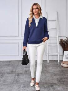 EMERY ROSE Sudadera casual de mujer a rayas con parches y efecto de capa falsa