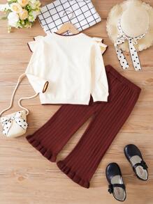 SHEIN Young Girl Ruffled Cardigans & Flare Pants Set, Autumn/Winter - Apricot - View 2