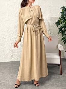 Al Najma Women's Solid Color Long Casual Dress Full Length Modest Elegant Style For Casual Daily/Work/Holiday/Evening Parties/Wedding Guest - Khaki - View 8