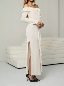 Chiquease Women's Elegant Off-Shoulder Flounce Split Dress Fall Cloth For Women - Apricot - View 4