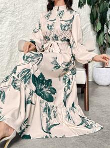 Modelyn Women's Floral Print Stand Collar Lantern Sleeve Ruffle Hem Maxi Arabic Long Modest Elegant Dress, Modest Elegant Style For Casual Daily/Travel/Holiday/Vacation/Parties - Multicolor - View 5