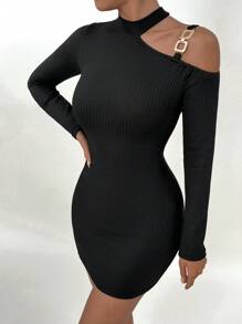 Zolique Nữ Cổ Đứng Lệch Vai Tay Dài Trang Phục Đầm Ngọt Ngào Và Thanh Lịch Quyến Rũ - màu đen - Xem 7