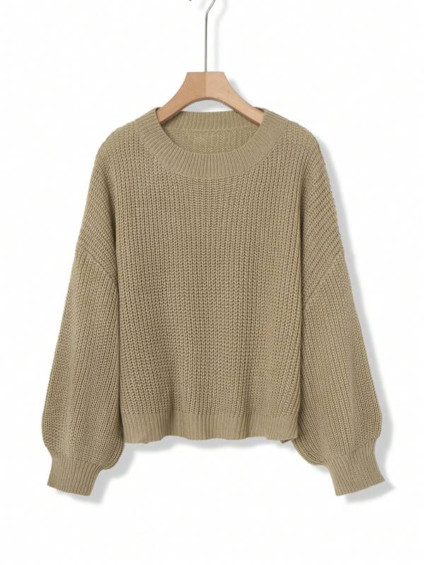 SHEIN CURVE+ Plus Size Solid Color Lantern Sleeve Sweater, Spring & Autumn