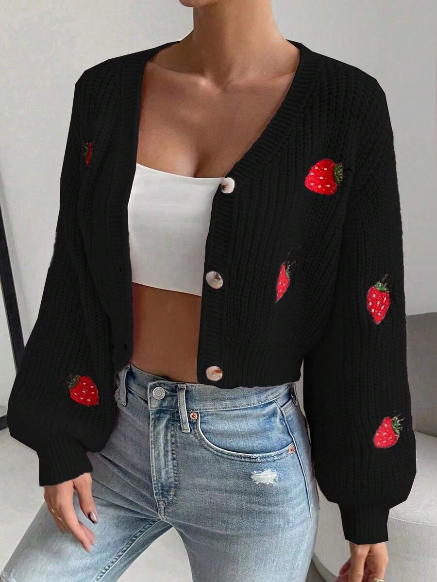 SHEIN Unity 春秋休闲草莓刺绣短款开衫 - 黑色 - 查看 1