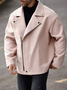 Manfinity Homme 大码男士纯色翻领前拉链长袖休闲机车针织混纺夹克，秋季男士服装