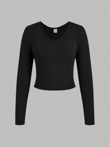 SHEIN Teen Girl Buy 1 Get 2 Free 3pcs/Set Black, White, Brown Casual Reversible Thermal Lined Warm Long Sleeve Fitted Cropped T-Shirts, Fall Top - Multicolor - View 10