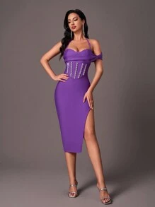 SHEIN Belle Elegant Purple Off Shoulder Bodycon Dress With Rhinestone Pearl Chain, Suitable For Wedding, Party, Graduation - Bodycon Design - Purple - View 3