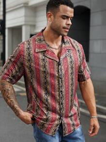 Manfinity Homme 大码全印花前扣夏季短袖衬衫 - 彩色 - 查看 4