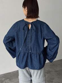 FRIFUL 女式纯色荷叶边下摆圆领牛仔褶裥衬衫、返校服、牛仔夹克、秋季女装 - 藍色 - 查看 4