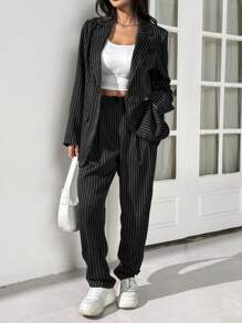 SHEIN EZwear 2 piezas Conjunto de traje de negocios a rayas negro y blanco, chaqueta y pantalones, otoño e invierno - Blanco y Negro - Ver 5