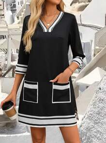 SHEIN LUNE Women's Summer Striped V-Neck 3/4 Sleeve Straight Casual Dress With Double Pockets - Black - View 1