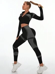 Easithlete Áo khoác yoga liền mạch và quần legging & Bộ đồ thể thao bó màu tập luyện cho nữ Bộ đồ tập luyện cho nữ Bộ quần legging cho nữ - màu đen - Xem 5