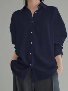 DAZY 女士休闲纯色长袖衬衫，春/秋 - 藏蓝色 - 查看 5