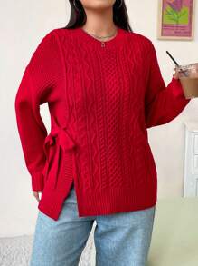 Calvaya Plus Size Women's Solid Color Simple Everyday Knitted Pullover Sweater For New Year Fall Winter - Red - View 1