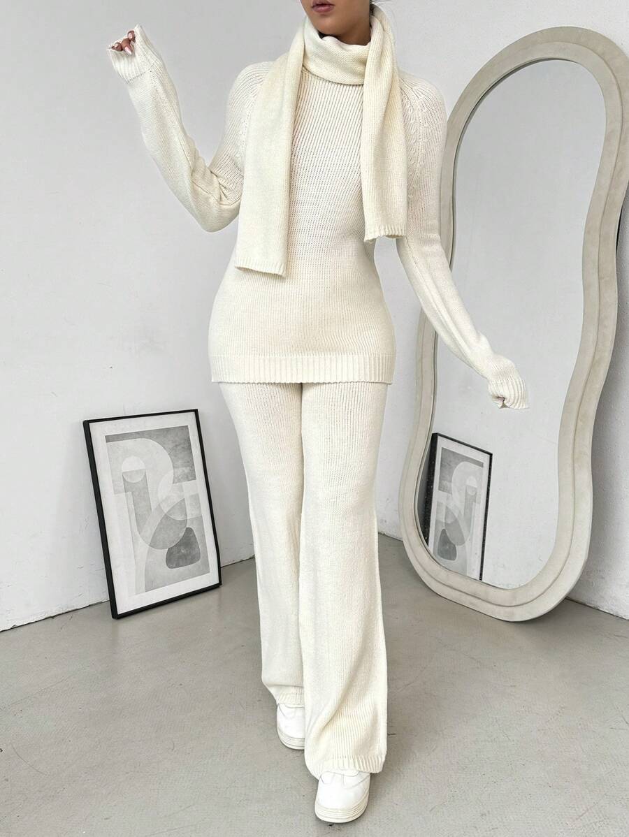 Chiquease 2pcs Solid Round Neck Loose Casual Oversized Sweater Set For Women - Apricot - View 1