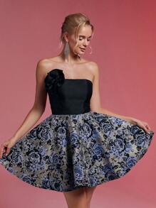 SHEIN Belle Elegant & Luxurious Cute Black Spliced Color Black Bustier Cup, Sumptuous Satin Jacquard Peplum Mini Skirt, Suitable For Graduation Ceremony, Vacation, Bachelorette Party, Wedding, Ball Gown, Semi Formal Prom Dress, For Birthday, Wedding Guest Homecoming