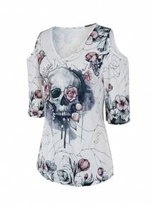 INAWLY Áo thun hở vai họa tiết đầu lâu và hoa cho nữ, áo thun họa tiết mùa hè cho nữ - trắng - Xem 4