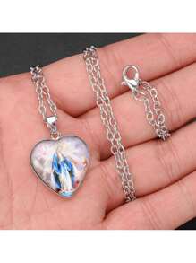 1pc Fashionable Alloy Heart Shaped Glass Pendant Necklace For Women, Daily Wear Valentines,Mom,Mother,Mother's Day,Gift - Silver - View 4