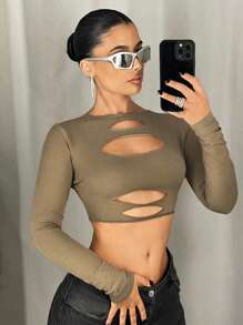 SHEIN ICON T-shirt à manches longues basique avec découpe à l'avant