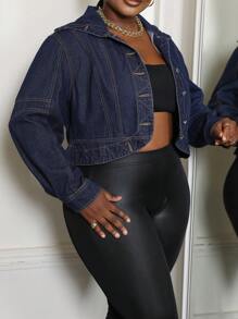 Slaydiva Chaqueta de jean corta informal de talla grande para primavera y otoño - Azul lavado oscuro - Ver 4