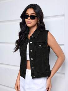 SHEIN Essnce Áo khoác denim không tay túi nút phía trước màu trơn dành cho nữ - màu đen - Xem 4