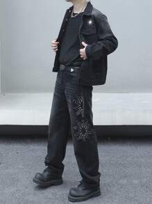 Manfinity Roghcode Men's Embroidered Jacket And Patchwork Denim Pants 2-Piece Set - Black - View 5