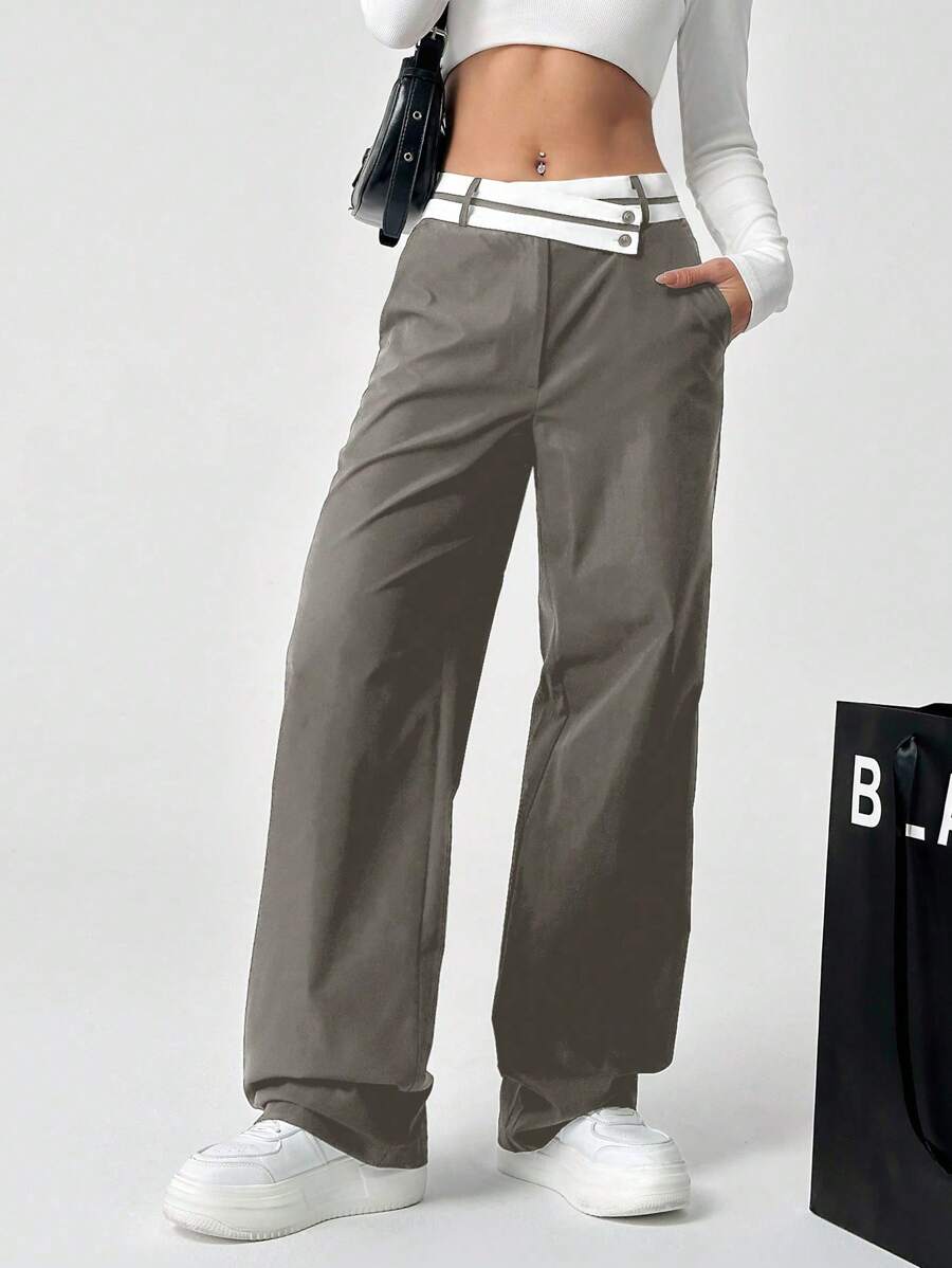 SHEIN EZwear Quần ống đứng cạp bất đối xứng có túi, thường ngày - Màu Xám nhạt - Xem 1