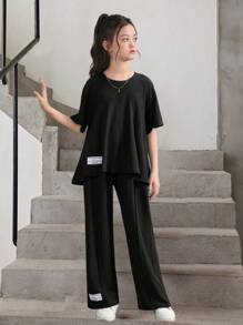 SHEIN Tween Girl Loose Knitted Decor Loose A-Line Short Sleeve T-Shirt And Wide Leg Pants 2-Piece Set - Black - View 4