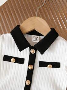 Baby Girl's Adorable Knitted Colorblock Metal Button Collar Pleated Long Sleeve Dress - Black and White - View 5