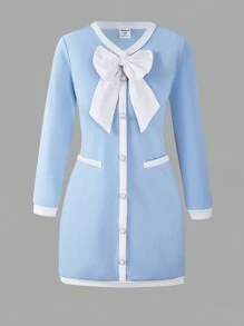 1 件 Tween Girl 休闲长袖连衣裙，带可拆卸蝴蝶结装饰，秋季