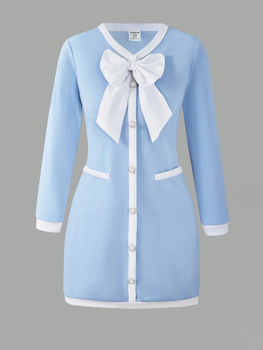 1 件 Tween Girl 休闲长袖连衣裙，带可拆卸蝴蝶结装饰，秋季