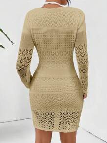 SHEIN Clasi 纯色 V 领长袖镂空简约毛衣裙，休闲日常穿着 - 卡其色 - 查看 2