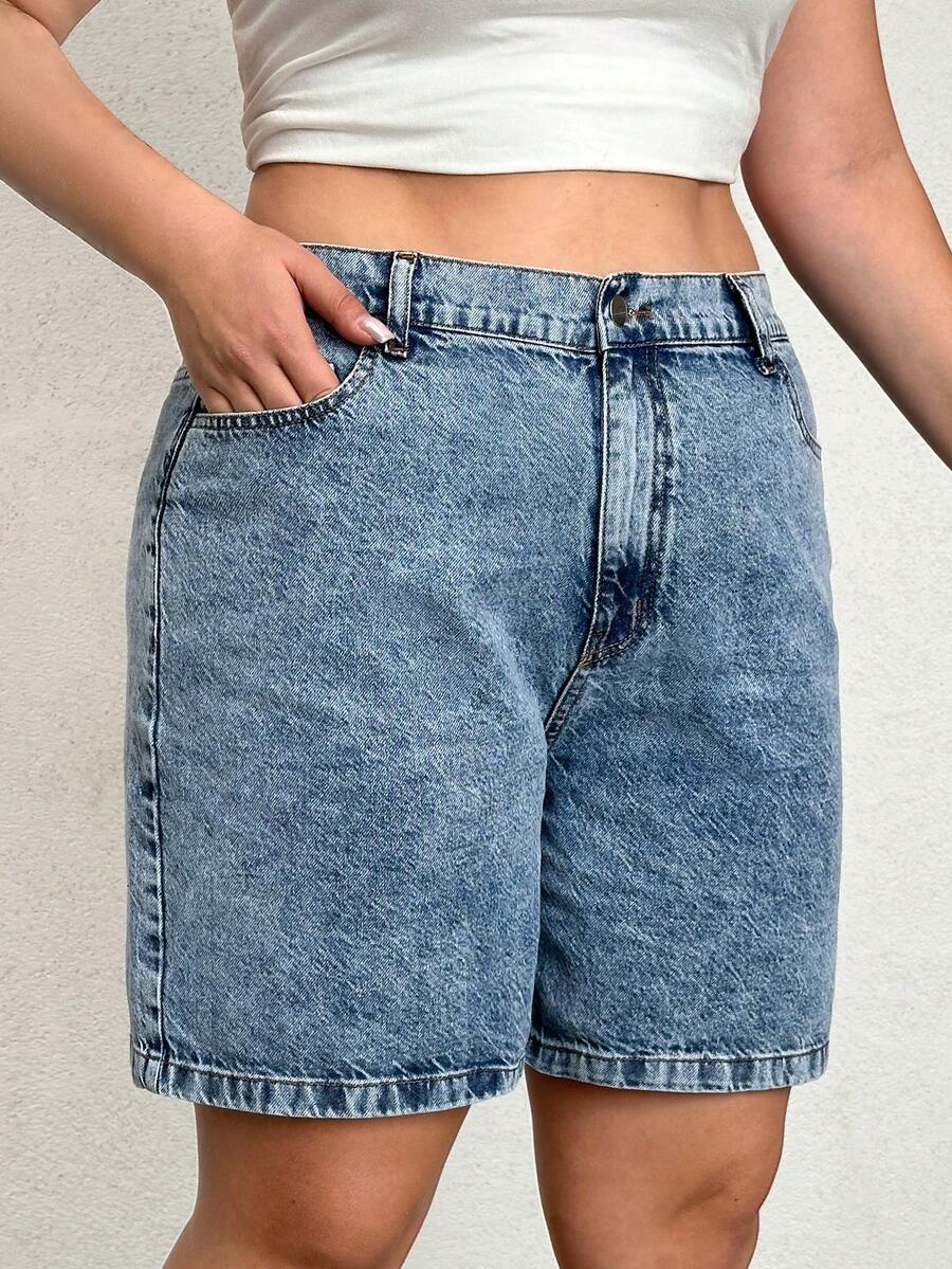 RueChic 100% Cotton Plus Elastic Back Side Snow Wash Denim Short - Light Wash - View 1