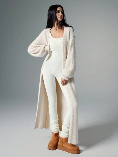 Poéselle Apricot Plush Extra Long Cardigan,Women's Solid Color Casual Knit Cardigan,Fall Women Outfits,Winter Women Clothes,Women Sweaters ,Soft And Comfortable Fabric Warm, Simple Fashion, Old Money Style, Suitable For Daily Street, Commuting, Home Wear,Ladies Winter Casual Drop Shoulder Loose Khaki Plain Women Cardigans,Casual Daily Wear Long Cardigans Ladiesduster Cardiganlong Sweater Cardigan